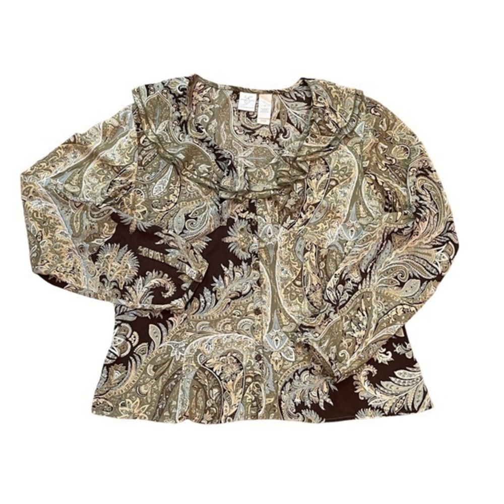 EMMA JAMES‎ WOMEN'S size 16 Green & Multi Sheer long Sleeve Button Down Blouse